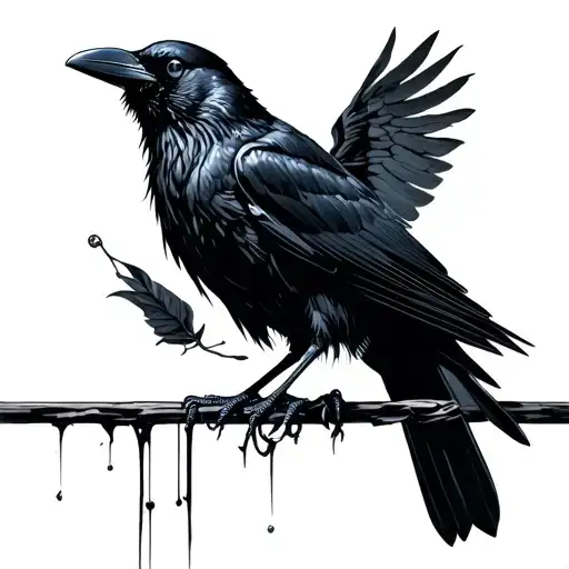 A surreal, symbolic scene featuring a black crow perched across from the viewer. The crow has wiry, human-like crossed l tattoo design idea