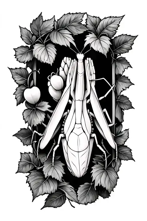 raspberry vine on forearm wrapping around and a praying mantis hiding in it tattoo design idea
