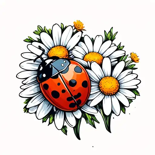 Ladybug and daisy flowers minimal tattoo design idea