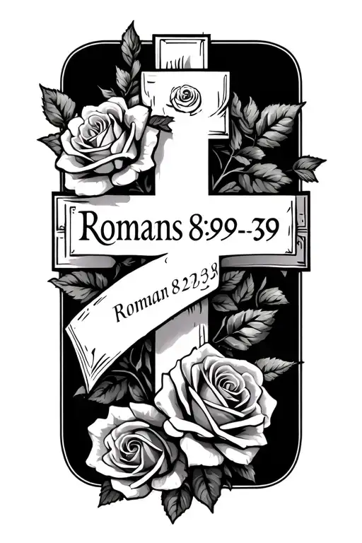 "Romans 8:29-39" Christian Cross with roses wrapped tattoo design idea