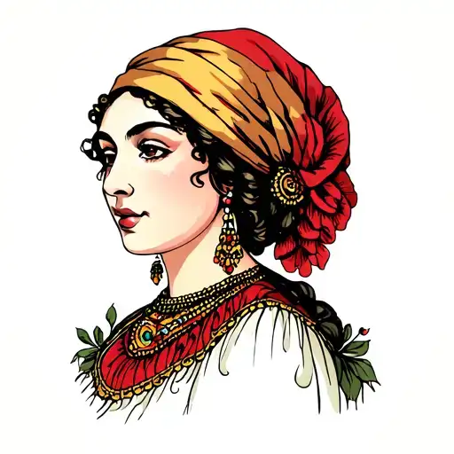 I am looking for a lady head tattoo. But I don’t want her to look like a gypsy or a Romani woman. No headscarf no giant  tattoo design idea