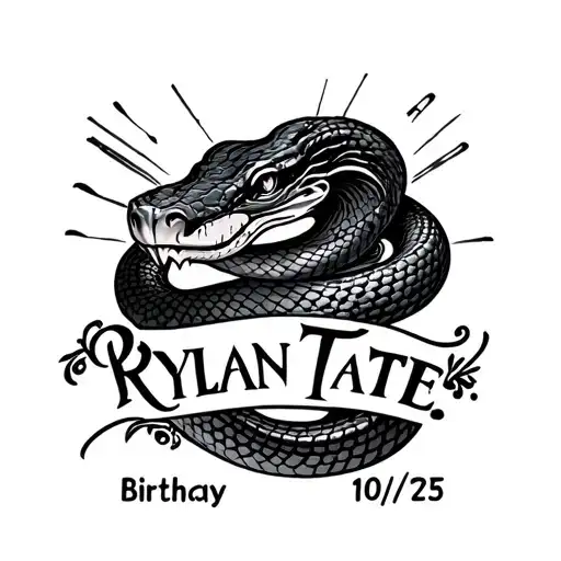 the name Rylan Tate and birthday 10/17/25 incorporated into a tattoo of a cobra tattoo design idea