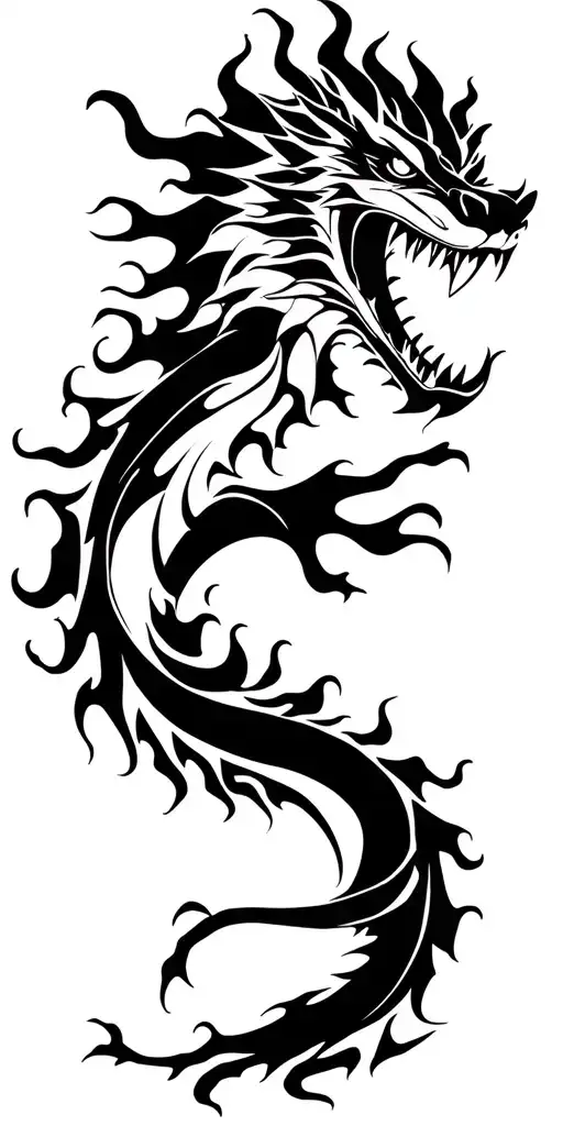 nãga dragon with one large fierce head and teeth, surrounded with bold black flames tattoo design idea