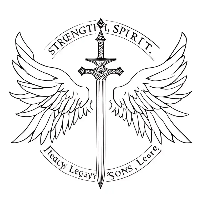 "lion tattoo with wings border, sword, cross in background, and text: Strength. Spirit, Sons legacy  tattoo design idea