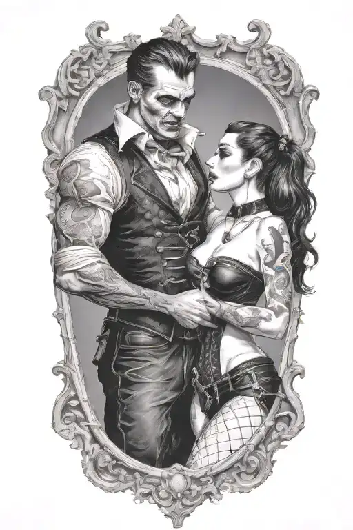 realistic scene of a gothic pinup girl waering corset and fishnets being bitten by a scary male vampire tattoo design idea