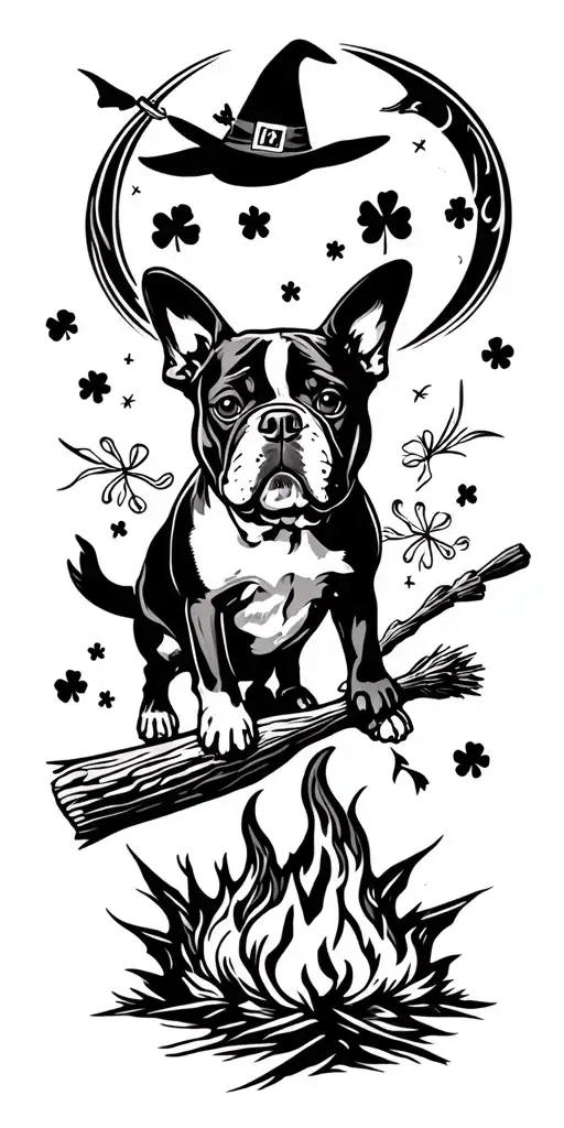 shamrock, bulldog, boston terrier, cattle dog, camper, flying witch on broomstick, moon, campfire tattoo design idea