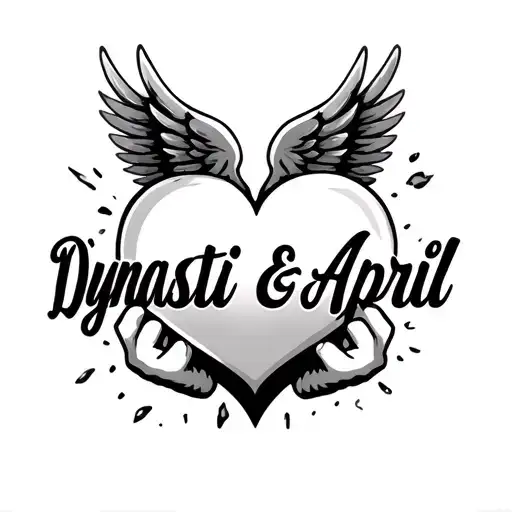 "Dynasti & April" "Dynasti & April" names inside a heart with wings holding tattoo design idea