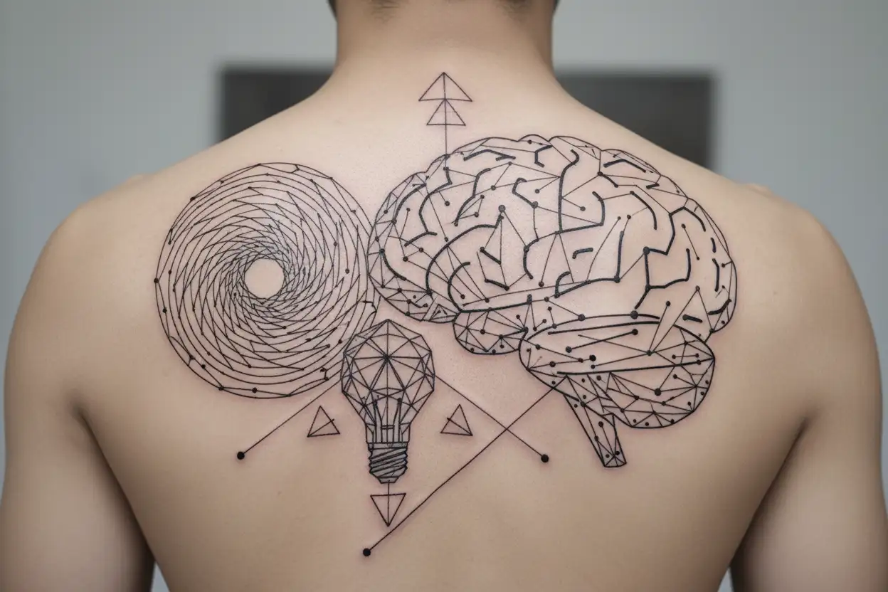 Forensic scientific logo, microscope, fingerprints, balance of justice, magnifying glass, DNA strand, brain, tattoo design idea