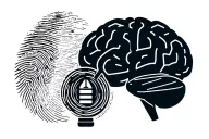 Forensic scientific logo, microscope, fingerprints, balance of justice, magnifying glass, DNA strand, brain, tattoo design idea