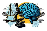 Forensic scientific logo, microscope, fingerprints, balance of justice, magnifying glass, DNA strand, brain, tattoo design idea