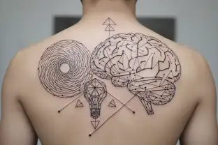 Forensic scientific logo, microscope, fingerprints, balance of justice, magnifying glass, DNA strand, brain, tattoo design idea