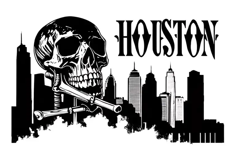 Houston skyline with skull and screws tattoo design idea