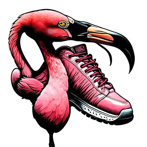 Pink flamingo that makes trail with shoes while wearing weight lodges tattoo design idea
