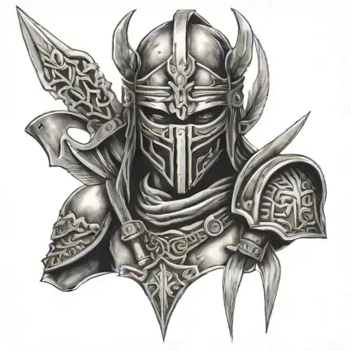 warrior with mask on face with knifes tattoo design idea