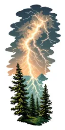 Thunderstorm with lightning storm coming from forest of pine trees tattoo design idea