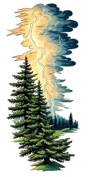 Thunderstorm with lightning storm coming from forest of pine trees tattoo design idea