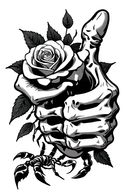 thumbs up skeleton hand with rose and scorpion, manly tattoo design idea