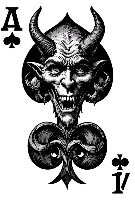 playing card with devil  as the face but the card number should be the number 13 of spades in an old English font tattoo design idea