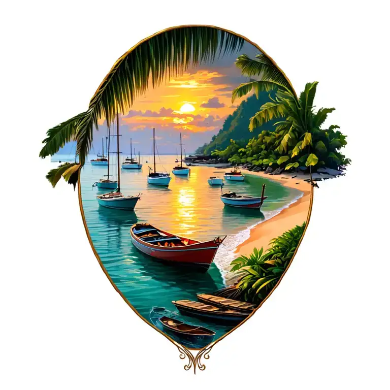 Sunset, Coco Beach & its Bay, Costa Rica, dozens various size fishing + leisure boats anchored in background in the Bay tattoo design idea