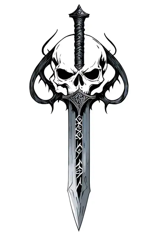 Sharp long dark dagger with runes shaded skull head, darkest dungeon, beast, curse tattoo design idea