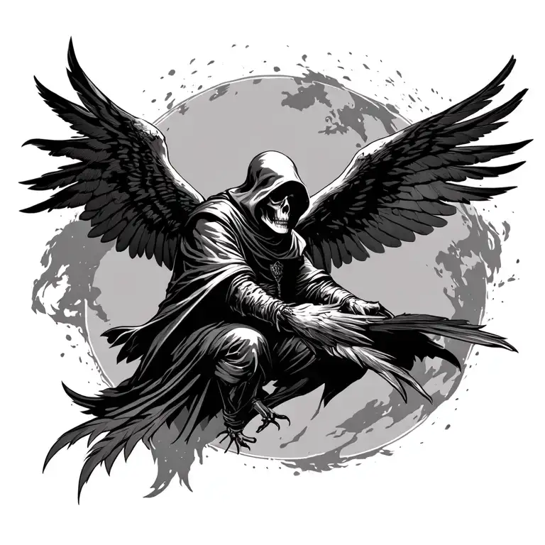 Grim reaper with raven feathers for wings. Flying down to earth collecting souls, fying through the air around him. tattoo design idea
