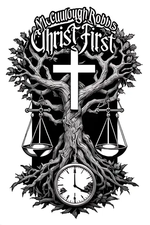 "McCullough Robbs Christ First" "McCullough Robbs Christ First" "McCullough Robbs"  tree of life intertwined with cross, 4 libra scales and a hourglass  tattoo design idea