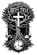"McCullough Robbs Christ First" "McCullough Robbs Christ First" "McCullough Robbs"  tree of life intertwined with cross, 4 libra scales and a hourglass  tattoo design idea