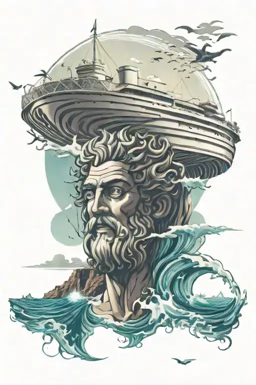 Ancient Greek mythology meets modern travel: a sleek cruise ship sailing under the watchful eye of Poseidon, the god of the sea tattoo design idea