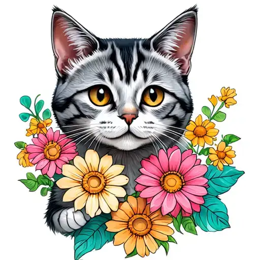 gray tabby cat flowers tattoo design idea