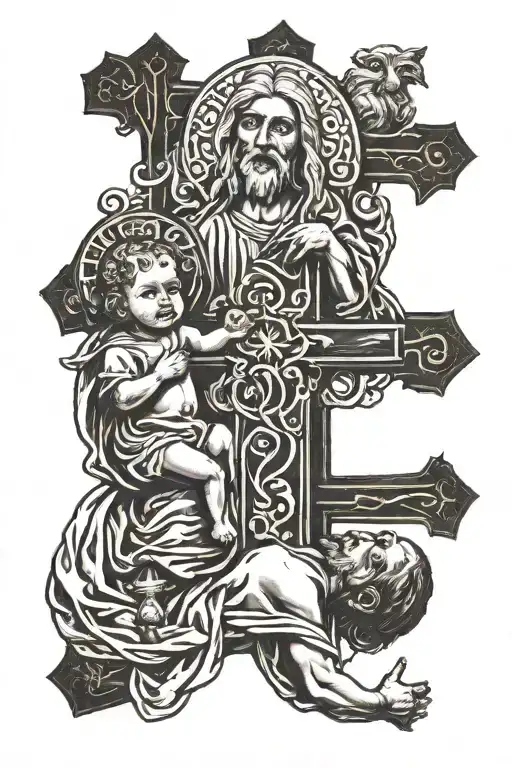 baby brother, grandma, jesus cross tattoo design idea