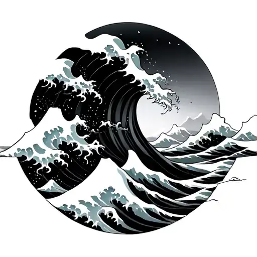 Japanese tsunami waves crashing and turning into wav forms  tattoo design idea