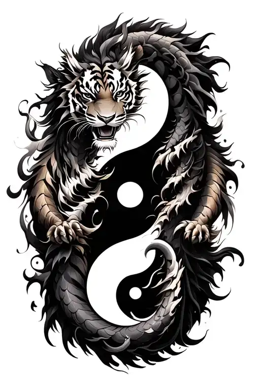 tribal yin yang with tiger and dragon intertwined tattoo design idea