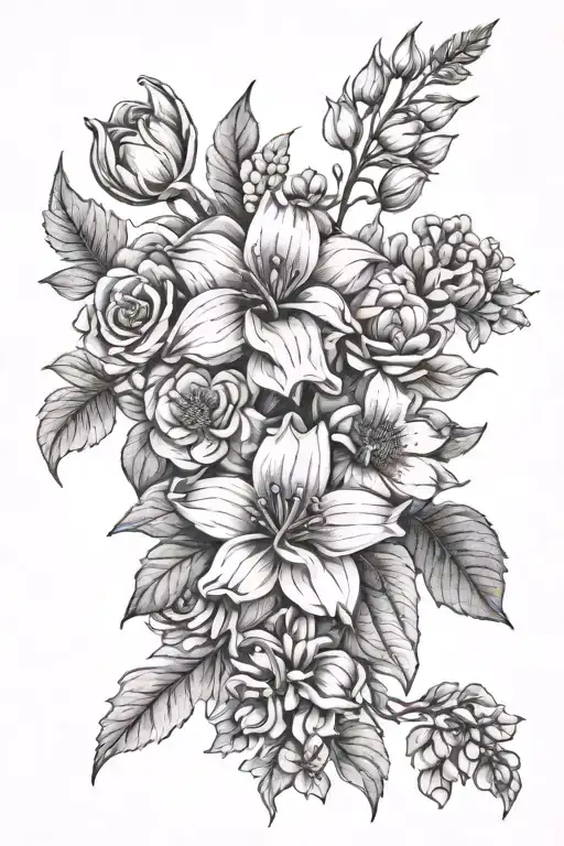 bouquet of may, July, August, September and November birth month flower tattoo design idea