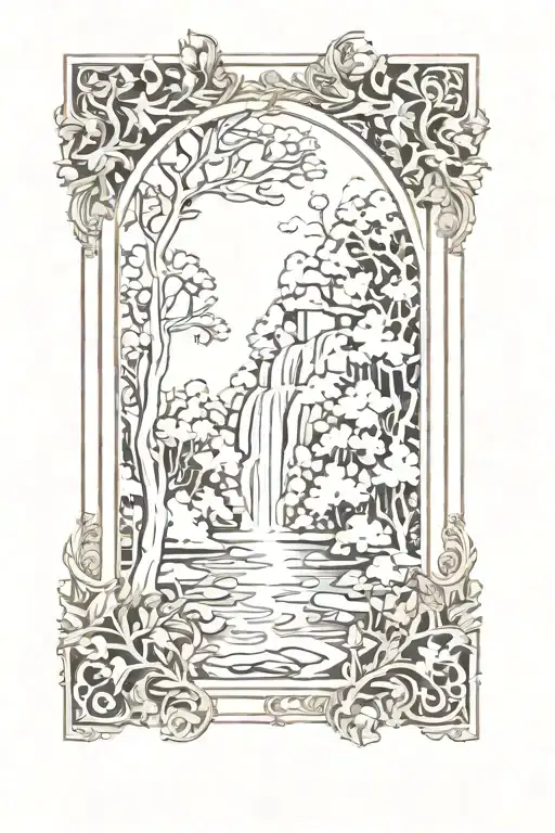 renaissance style gold frame with fairy forest and waterfall inside tattoo design idea