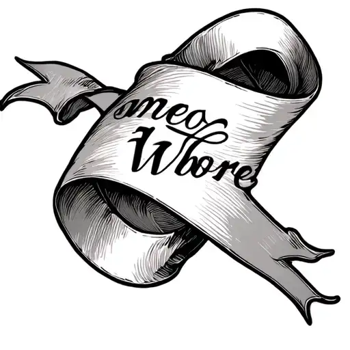 cursive text tattoo 'whore' scroll coquette ribbon tattoo design idea