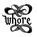 cursive text tattoo 'whore' scroll coquette ribbon tattoo design idea
