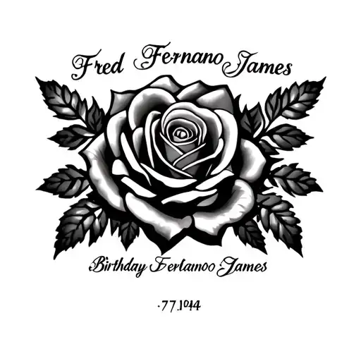 Tattoo for my passed away grandpa use his name  Fred Fernando James  and birthday 7/7/1944 with roses and dark shading b tattoo design idea