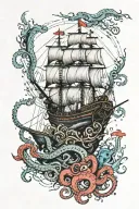 nautical, octopus, sea, ship, colourful, black in between tattoo design idea