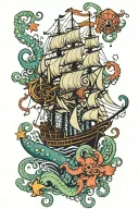 nautical, octopus, sea, ship, colourful, black in between tattoo design idea
