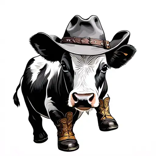 Black and white baby cow wearing cowboy hat and boots tattoo design idea