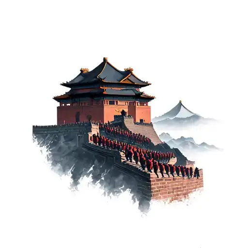 the Great Wall of China with terracotta soldiers fading into a samurai  tattoo design idea