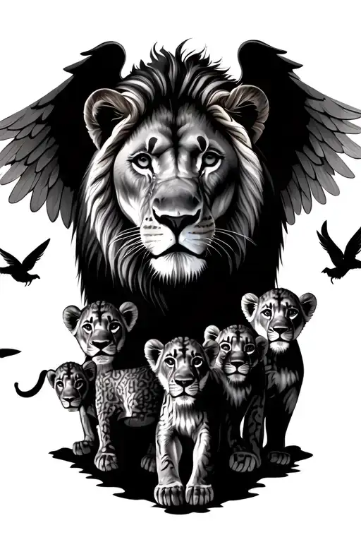 Momma lion with 3 cubs and 1 cub with angel wings flying tattoo design idea