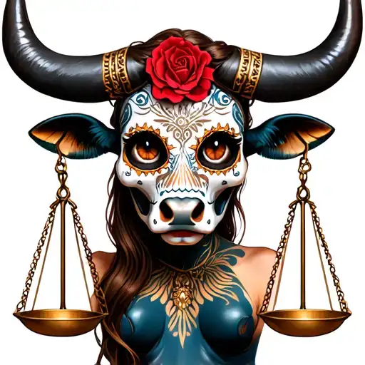 woman body bull with sugar skull markings, brown eyes, brown hair and two Libra scales and dark background tattoo design idea