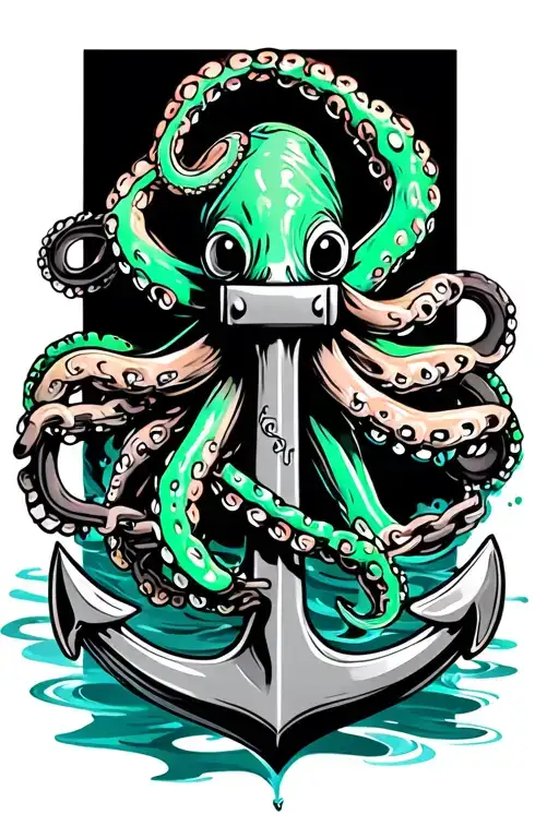 black and green octopus wrapped around anchor in water with broken chain tattoo design idea
