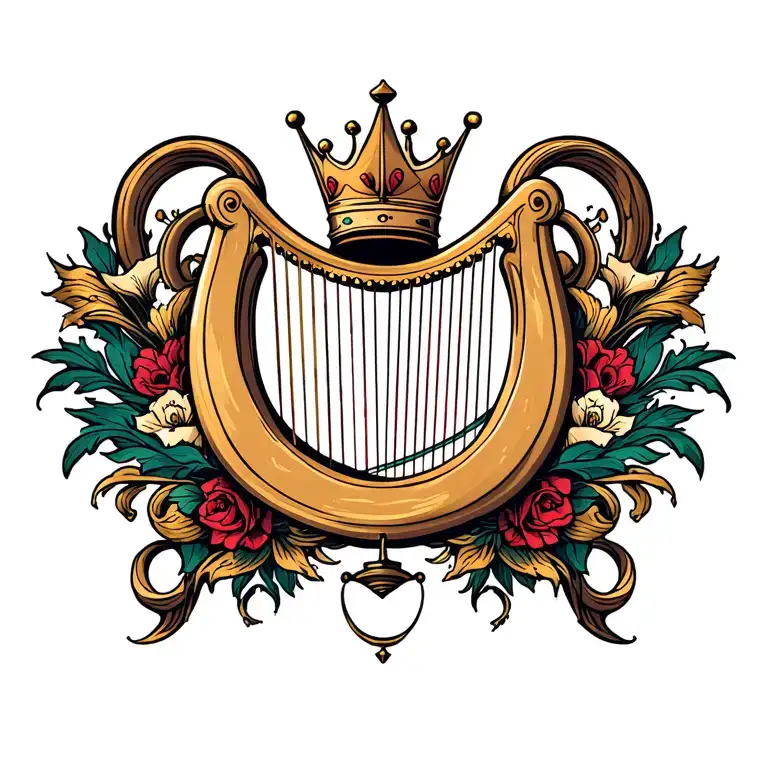 harp with crown hanging tattoo design idea