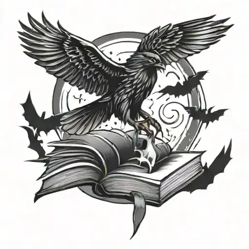 crow, moon, book, bats, black cat tattoo design idea