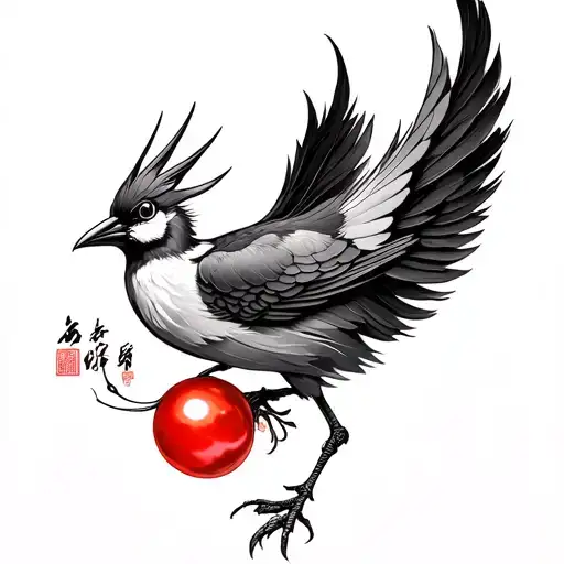 "Chinese Vermilion Bird on left shoulder, head turned toward neck holding red pearl, feathers transition to mountain roc tattoo design idea