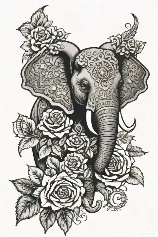 elephant head with roses and mandala above the head tattoo design idea