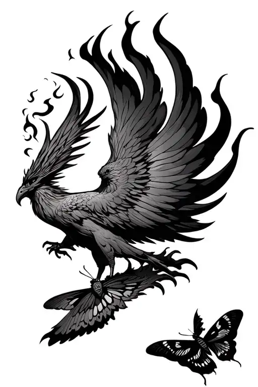 phoenix rising from flames with large moths flying tattoo design idea