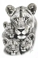 Lioness with 2 cubs face only blue eyes tattoo design idea